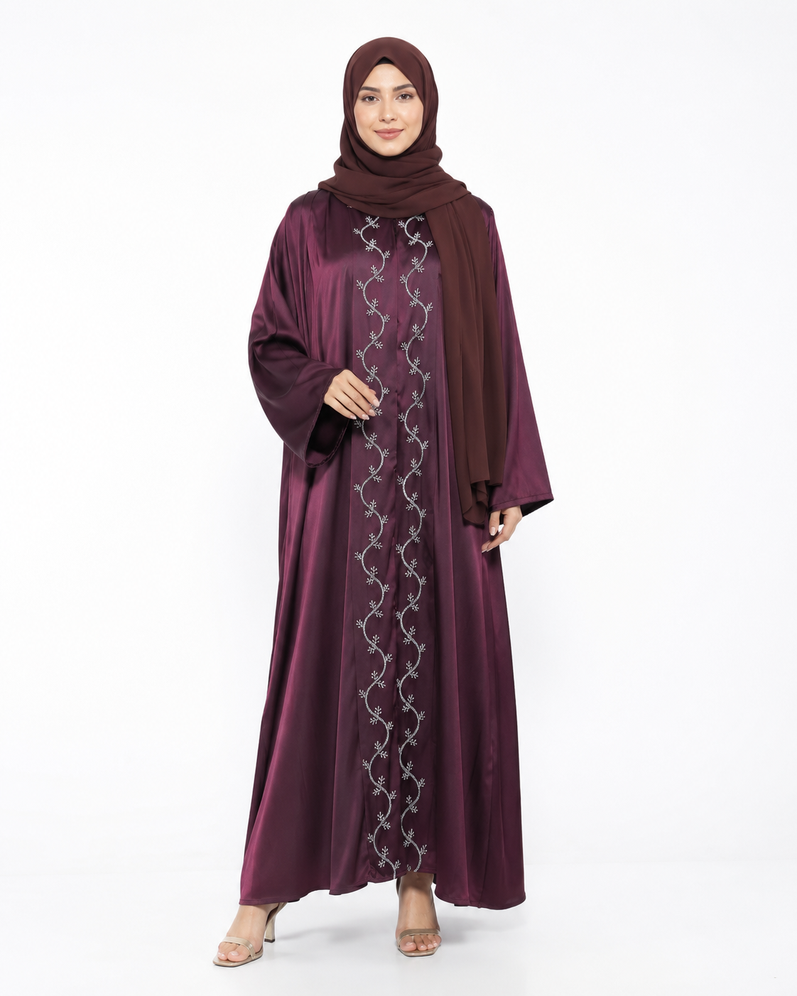 Plum Satin Embroidered Panel Front Open Abaya